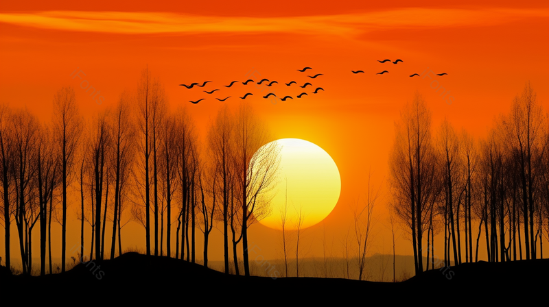 夕阳下的唯美黄昏鸟儿树林剪影摄影背景,高清,摄影图,摄影图片,图片大全,摄影图免费下载